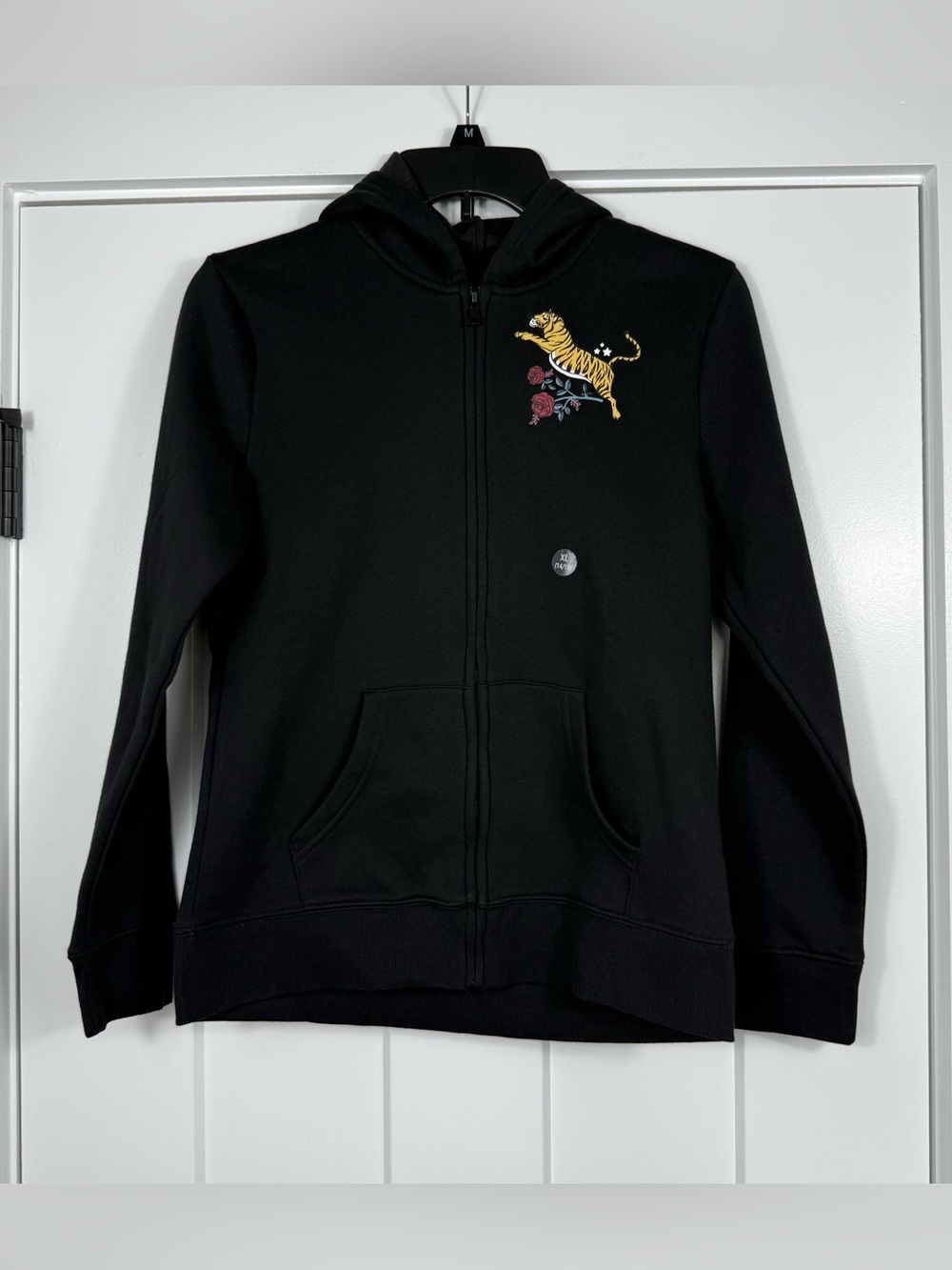 New Joe Boxer Tiger Rose Zip Up Hoodie Cotton Blend Black Girls Size XL 14-16